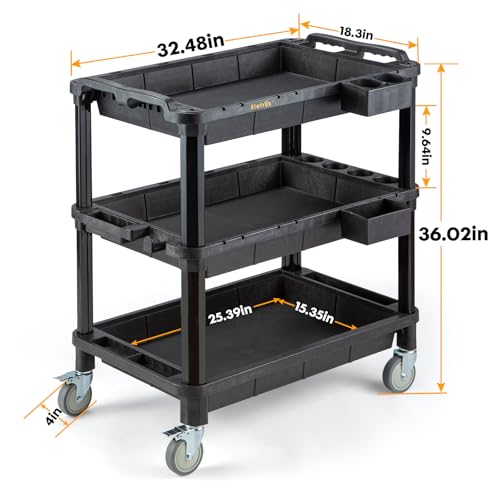 ELAFROS Multi-Use Utility Cart - 32.4x18.3 Heavy-Duty Service Cart with 3 Deep Shelves, Industrial-Grade Tool Cart Mobile Organizer, Rolling cart Holds up to 500 lbs, Black - style: Standard