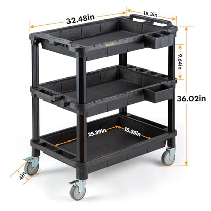 ELAFROS Multi-Use Utility Cart - 32.4x18.3 Heavy-Duty Service Cart with 3 Deep Shelves, Industrial-Grade Tool Cart Mobile Organizer, Rolling cart Holds up to 500 lbs, Black - style: Standard