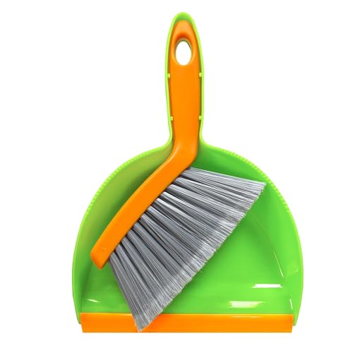 Mini Broom with Dustpan Combo Set Small Dust pan and Brush Set Quick Cleanup Debris Dust for Floor Countertop Worktop Desk Pet Cage (Green+Orange) - color: Green+orange