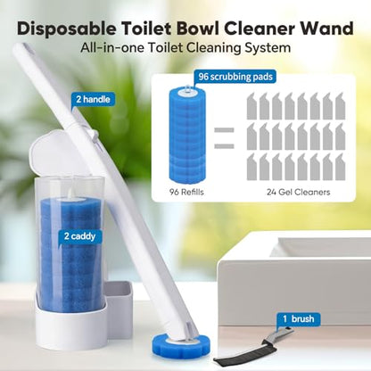 2 Pack Disposable Toilet Brush and Holder Set, Wall Mounted Toilte Wand Kit, Disposable Bowl Ceaner Wand and Caddy with 96 Refills for Closestool Cleaning