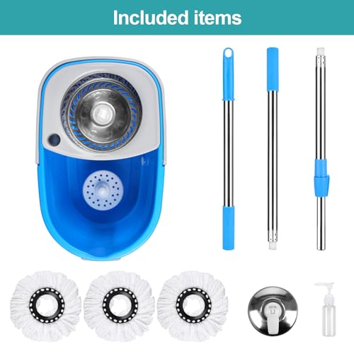 Spin Mop and Bucket with Wringer Set On Wheels, 360° Spinning Mop Bucket System with 3 Microfiber Replacement Heads, 61" Stainless Steel Extended Handle for Floor Cleaning Black/Red (25QT) (Blue) - color: Blue