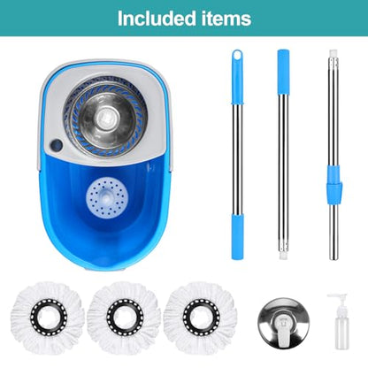 Spin Mop and Bucket with Wringer Set On Wheels, 360° Spinning Mop Bucket System with 3 Microfiber Replacement Heads, 61" Stainless Steel Extended Handle for Floor Cleaning Black/Red (25QT) (Blue) - color: Blue