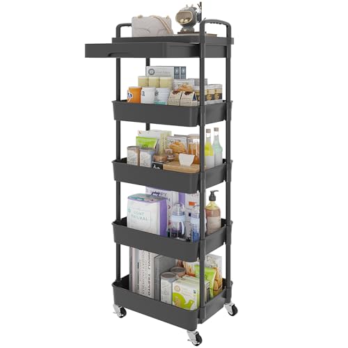 Calmootey 5-Tier Rolling Utility Cart with Drawer,Multifunctional Storage Organizer with Plastic Shelf & Metal Wheels,Storage Cart for Kitchen,Bathroom,Living Room,Office,Black - color: Black, size: 5-Tier