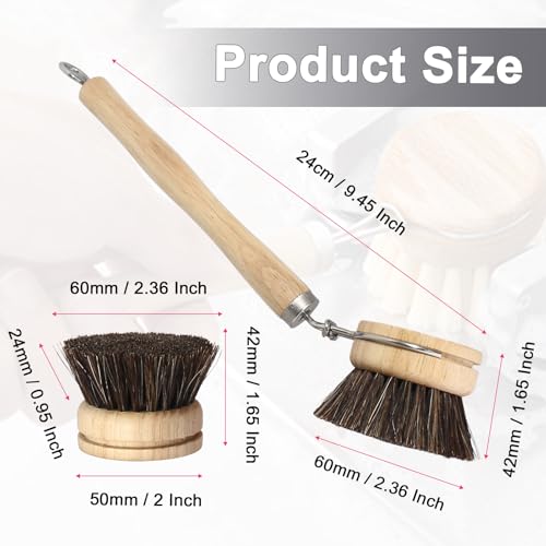 Wooden Dish Brush Set, 4 Natural Bristle Replacement Heads with 1 Sturdy Wooden Handle, Horsehair Kitchen Scrub Brush for Pots, Pans, Vegetables and Cookware - size: Soft