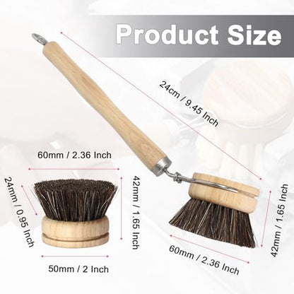 Wooden Dish Brush Set, 4 Natural Bristle Replacement Heads with 1 Sturdy Wooden Handle, Horsehair Kitchen Scrub Brush for Pots, Pans, Vegetables and Cookware - size: Soft