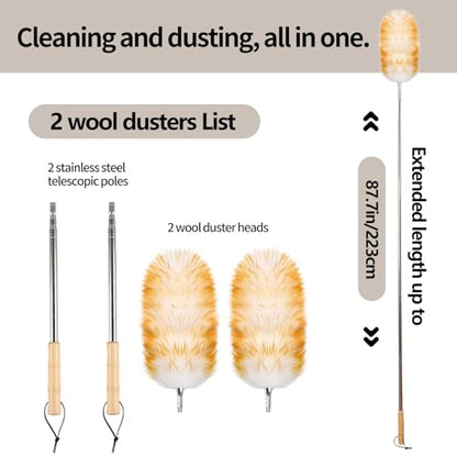 Lambswool Duster for Cleaning with Solid Wooden Handle Leather Hang Strap 87.8" Removable Retractable Feather Duster for Cleaning Ceiling Fans Window Blinds Interior Roof Furniture(2 Pack) - size: 87.8Inch