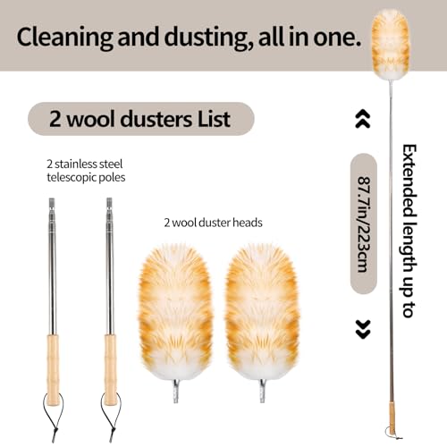 Lambswool Duster for Cleaning with Solid Wooden Handle Leather Hang Strap 87.8" Removable Retractable Feather Duster for Cleaning Ceiling Fans Window Blinds Interior Roof Furniture(2 Pack) - size: 87.8Inch
