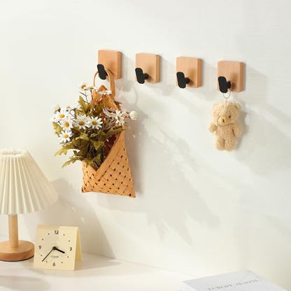 DELITON Towel Hooks Wall Mounted - Adhesive Bathroom Coat Hooks for Hanging Robes Clothes Light Brown, Black Solid Wood Beech Wall Hook 4 Packs - color: Light Brown