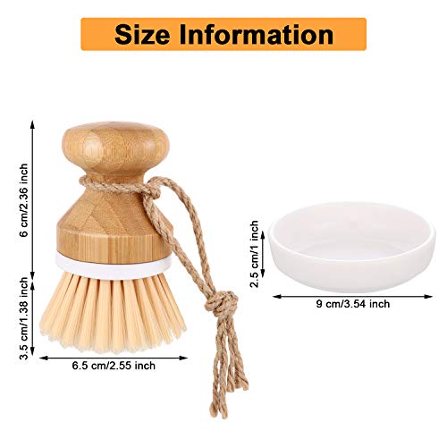 Boao 3 Pieces Bamboo Dish Scrub Brush and 1 Holder Natural Wooden Kitchen Cleaning Scrubbers Durable Bamboo Palm Household Pot Scrubber Brush for Dishes Pots Pans Kitchen Sink Cleaning