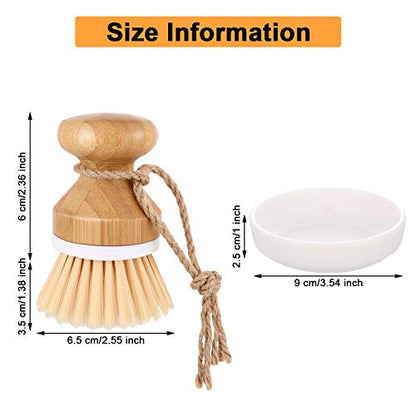 Boao 3 Pieces Bamboo Dish Scrub Brush and 1 Holder Natural Wooden Kitchen Cleaning Scrubbers Durable Bamboo Palm Household Pot Scrubber Brush for Dishes Pots Pans Kitchen Sink Cleaning