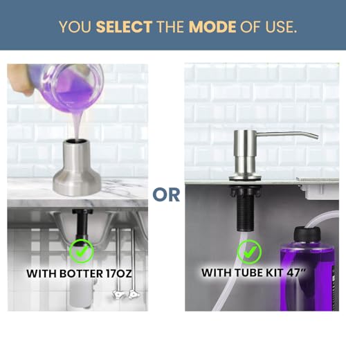 SBEN Built-in Kitchen Sink Soap Dispenser – Stainless Steel Brushed Nickel Pump, 17 oz Bottle and Extension Tube Kit 47", Upgraded Metal Check Valve, Countertop Hand Soap & Lotion Dispenser - color: Brushed Nickel