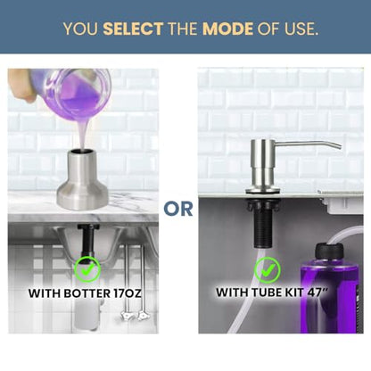 SBEN Built-in Kitchen Sink Soap Dispenser – Stainless Steel Brushed Nickel Pump, 17 oz Bottle and Extension Tube Kit 47", Upgraded Metal Check Valve, Countertop Hand Soap & Lotion Dispenser - color: Brushed Nickel