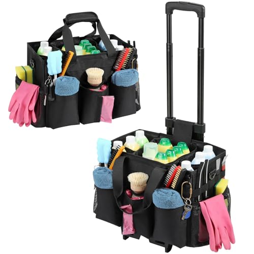 Housolution Rolling Cleaning Caddy Bag with Detachable Trolley, Professional Portable Large Cleaning Bag with Wheels, Wearable Cleaning Supply Bag on Wheels for Housekeepers, Black - color: Black, size: Medium