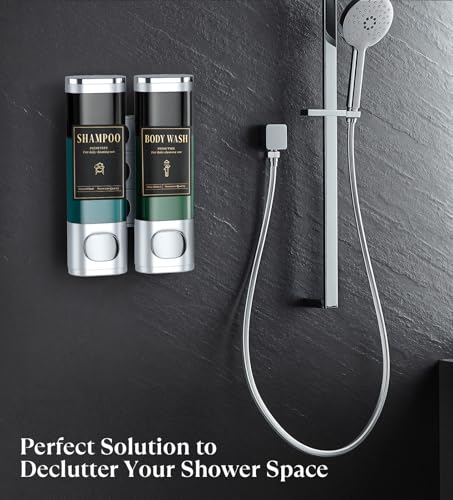Luxspire Shampoo and Conditioner Dispenser, No Drill Wall Mounted Shower Soap Dispenser 2 Chamber with Waterproof Labels, Easy Refill Soap Dispenser for Bathroom Hotel Kitchen, Silver - color: Silver, size: 2 Chamber