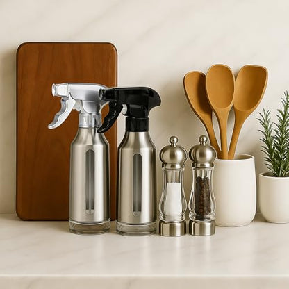 Oil Sprayer for Cooking 180ml, Olive Oil Mister with Fine Mist Trigger, Stainless Steel Refillable Glass Dispenser Bottle 6.35oz for Air Fryer BBQ Salad & Baking (Black+Stainless Steel) - color: Black+Stainless Steel