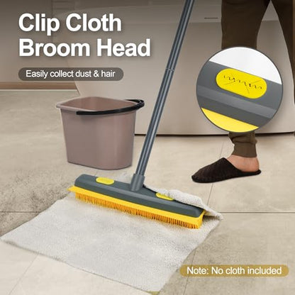 NEWE Rubber Pet Hair Removal Broom with Lint Fur Remover Tool, 57.5 inches Long Handle Silicone Carpet Brush Rake with Built-in Squeegee for Cleaning Rug, Tile, Floor (Gray Yellow)