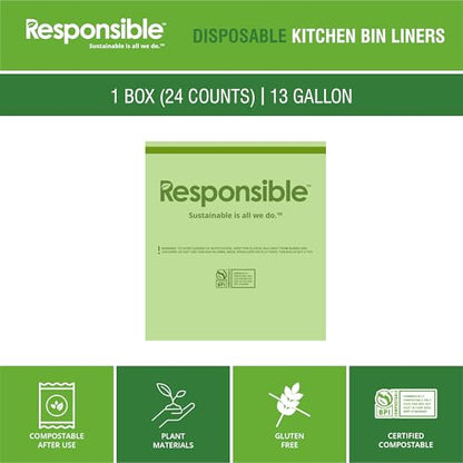 Responsible Products Kitchen Bin Liners, Certified Compostable, Heavy Duty Multipurpose Food Scrap Bags, Made from Compostable Materials (13 Gallon Drawstring, 13 Gallon (24 Count)) - size: 13 Gallon (24 Count), style: 13 Gallon Drawstring