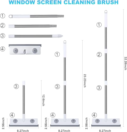 IMHO Mesh Screen Cleaner, Glass Wiper, Dust Paper Clip，3 in 1 Wet and Dry Screen Cleaner with Long Handle Wiper for Shower, Glass, Floor, Tile Walls, Car Windshield, White - style: Three-in-one window cleaner