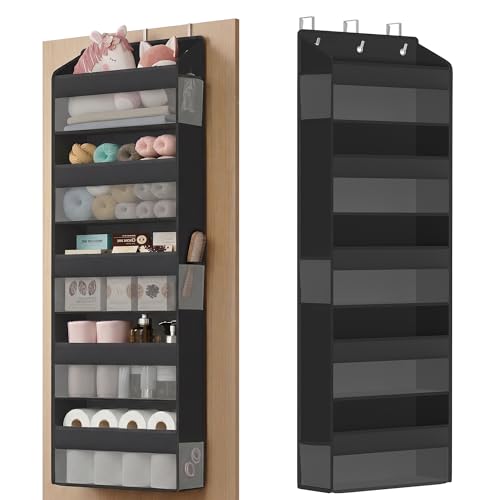 SONGMICS Over-the-Door Organizer, 5-Tier Door Hanging Storage Shelf, Heavy-Duty Closet Hanging Organizer Foldable, Transparent, Pockets, Metal Hooks, Ink Black URDH010BH01 - color: Ink Black, size: 1 Pack