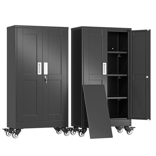 erosoei 45.6"H Metal Garage Storage Cabinet, Rolling Tool Cabinet with 2 Doors and Wheels, Locker Steel Cabinet with 3 Adjustable Shelves, Organization Cabinet for Garage,Office,Home,Gym,School（Black） - color: Black, size: 45.6"With wheels and locks