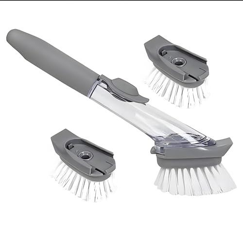 Soap Dispensing Dish Brush with Holder, Kitchen Pot Pan Scrub Brush Set with Replaceable Brush Head, Sink Cleaning Brush with Storage Tray (3-piece Brush Head Set) - color: 3-piece Brush Head Set