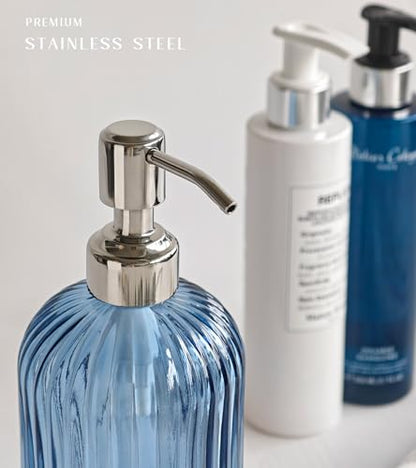 JASAI 18Oz Navy Blue Glass Soap Dispenser for Kitchen & Bathroom, Refillable Kitchen soap Dispenser with Vertical Stripe, Bathroom Soap Dispenser for Dispense Hand soap& Dish Soap. - color: Navy Blue