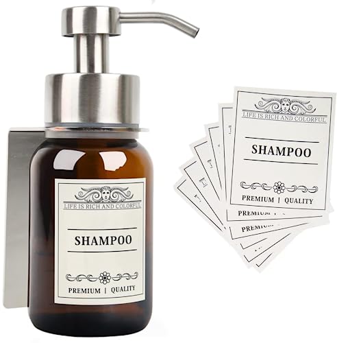 Wall Mount Soap & Shampoo Dispenser, 8.5oz Silver Pump Bottle | silver & brown design with leakproof pump and waterproof labels; rust-resistant, easy to refill for modern hotels. - color: Silver Set of 1
