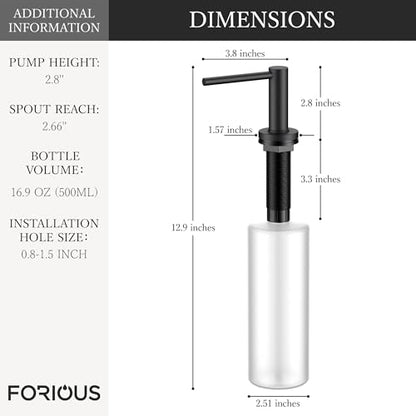 FORIOUS Soap Dispenser for Kitchen Sink, Black Stainless Steel Liquid Dish Soap Dispenser Pump with Top Refill 17oz Soap Bottle, Built in Sink Lotion Dispenser for Kitchen Countertop - color: Matte Black
