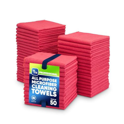 Microfiber Wholesale 16" x 16" All Purpose Towels - 50 Pack - Reusable Wash Cloths, Dust, Kitchen, Car, Shop Rags for Cleaning (Red) - color: Red, size: 50 Pack