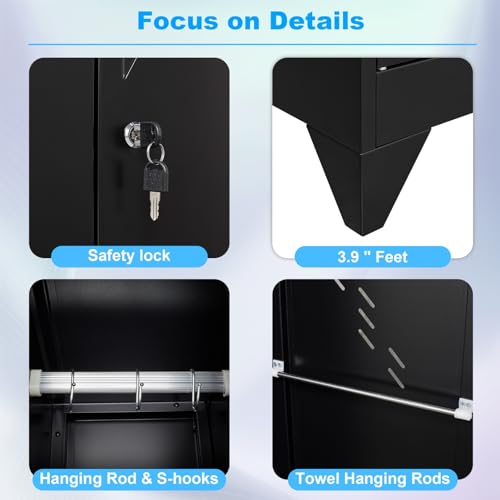 VASAAOSD 71" Broom Closet Cabinet with Hanging Rod, Tall Black Metal Storage Cabinet for Bathroom, Utility Room, and Garage - color: 71"h Black