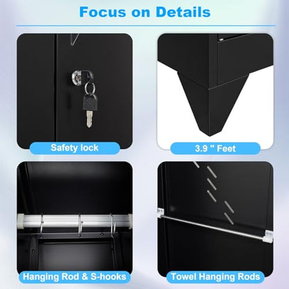VASAAOSD 71" Broom Closet Cabinet with Hanging Rod, Tall Black Metal Storage Cabinet for Bathroom, Utility Room, and Garage - color: 71"h Black