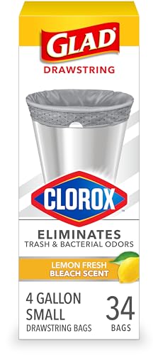 Glad Small Drawstring Trash Bags with Clorox, 4 Gal, Lemon Fresh Bleach, 34 Ct (Package May Vary) - size: 34 Count (Pack of 1)
