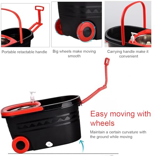 Spin Mop and Bucket with Wringer Set On Wheels, 360° Spinning Mop Bucket System with 3 Microfiber Replacement Heads, 61" Stainless Steel Extended Handle for Floor Cleaning Black/Red (25QT) (Big Black) - color: Big Black