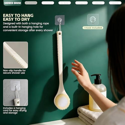 Back Scrubber for Shower, Long Handle Exfoliating Brush, Dual-Sided Bath Brush with Soft Bristles & Volcanic Pumice Stone, Anti-Slip Grip for Men & Women (Light Yellow) - color: Yellow