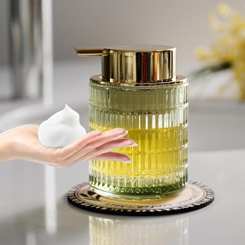 CICUFY Glass Foam Soap Dispenser for Kitchen & Bathroom, Refillable Lotion Dispenser with Large Gold Pump(Striped Pattern-Green) - color: Green, style: Foam/Striped Pattern