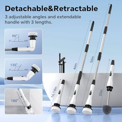 Electric Spin Scrubber with 8 Replaceable Brush Heads 3 Adjustable Angle Waterproof LED Display Cordless Cleaning Brush Supplies Bathroom Cleaner Set Long Handle Power Scrubber for Shower Floor Tub