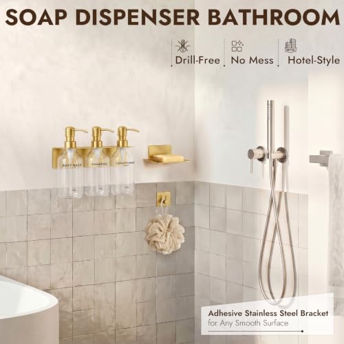 Shampoo and Conditioner Dispenser - Wall Mounted Shower Soap Dispenser - 17oz No-Drill Refillable Plastic Bottles with Stainless Steel Pump for Bathroom - Includes Soap Dish and Hook (Transparent) - color: Transparent
