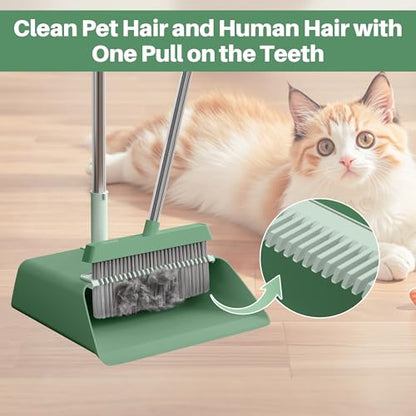 JOYMOOP Dark Teal Green Broom and Dustpan Set, Upright Angle with Built-in Comb Teeth, Ideal for Home, Office, Hardwood, Pet Hair - color: Dark Teal Green