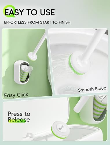 Wall Mounted Disposable Toilet Brush System with Holder, Toilet Bowl Cleaning Wand with Green Refills and One-Button Release, 2 Wands and Holders with 60 Green Refills