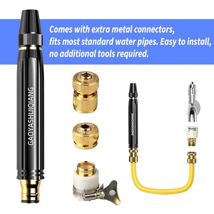 Garden Hose Nozzle Set for 1/2 Inch Hose, Adjustable Concentrated Spray Nozzle with 3 Universal Faucet Adapters, Heavy Duty Alloy Water Nozzle for Car Washing, Lawn Watering, Patio Cleaning