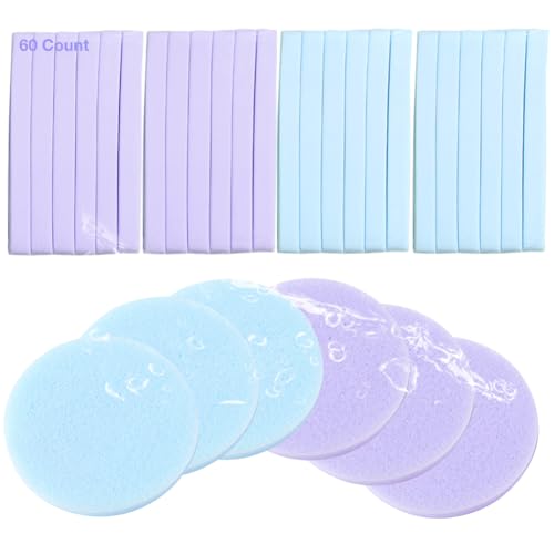 Facial Sponge Compressed,60 Pcs PVA Professional Makeup Removal Wash Round Face Sponges Spa Pads Exfoliating Cleansing for Women,Blue,Purple - color: Blue,Purple
