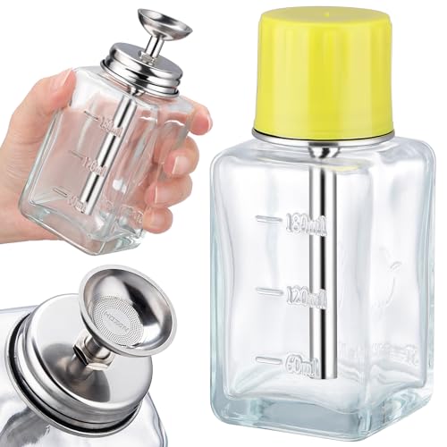 Noverlife 6Oz / 180ml Glass Push Down Pump Dispenser w/Copper Core, Acetone Pump Dispenser Alcohol Dispenser Push Down, Nail Polish Remover Pump Dispenser Bottle Push Down Hand Pumping Press Container - color: B - 1pcs - Clear Square Shaped