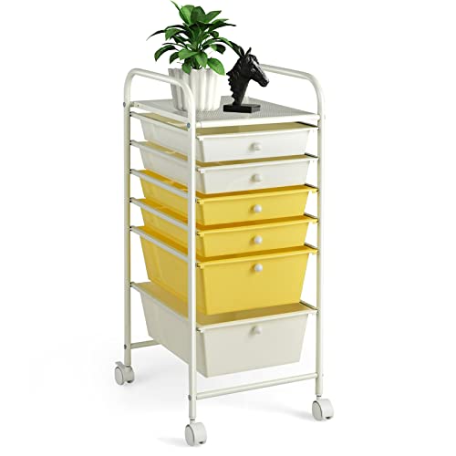 COSTWAY 6-Drawer Rolling Storage Cart, Multifunctional Art Craft Tools Organizer on Wheels, Heavy Duty Utility Mobile Storage Trolley w/ 2 Lockable Wheels for Home Office School (Yellow, Beige & Grey) - color: Yellow, Beige & Grey, size: 6 Drawer