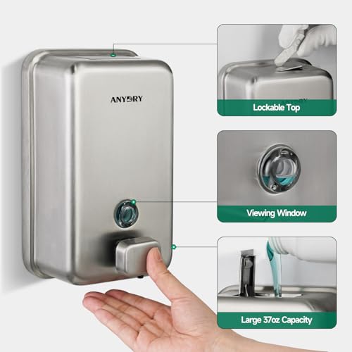 anydry Commercial Wall Mounted Soap Dispenser 37oz 1100ml Large Capacity Brushed Stainless Steel Manual Dispenser for High Traffic Restrooms - color: Brushed