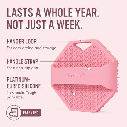 Sud Scrub® Antimicrobial Silicone Body Scrubber, Exfoliating Body Brush for Sensitive Skin, Antibacterial Shower Scrubber for Body, Bathroom Essentials for Men & Women, Pink - color: Pink