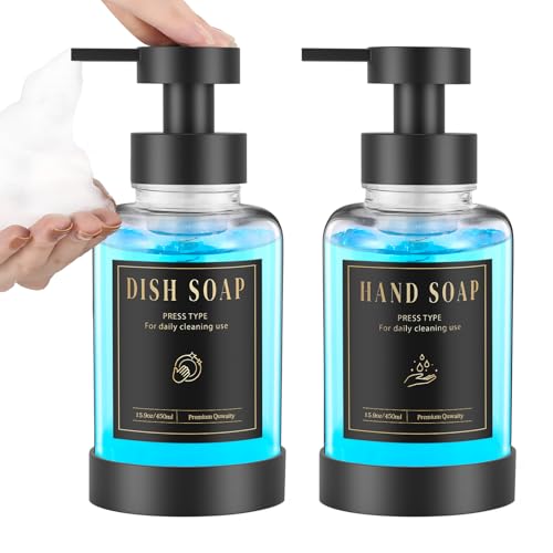 Luxspire Foaming Soap Dispenser, Glass Foam Pump Soap Dispenser, Non-Slip Hand Soap Bottle with 5 Waterproof Labels, 15 Oz Refillable Liquid Soap Bottle for Bathroom & Kitchen, Clear, 2 Pack - color: Clear