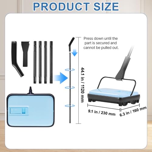 Carpet Sweeper Manual, Floor Sweeper with 300 ml Dustbin Capacity Easy to Empty, 6.7 inch Cleaning Width for Home Office Carpets Pet Hair Dust, Blue