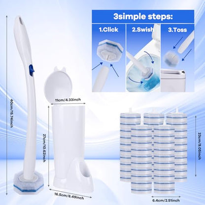 Upgraded Disposable Toilet Brush and Holder Set, 50 Toilet Wand Refills with Thickened Cleaning Layer, Won't Fall Apart, Large Opening Storage Caddy, Long Handle, for Home & Commercial Use