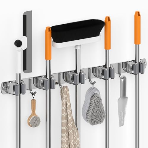 5 Grippers Broom Holder Wall Mount with 4 Hooks Stainless Steel Mop and Broom Organizer Self Adhesive or Screw Fixing for Garden Tool Rack Closet Laundry Room Kitchen Garage Storage Utility Hook - color: A-Silver, size: 5PCS Gripper