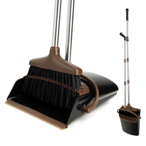 Broom and Dustpan Set with Long Handle, Light Weight Stainless Steel Poles Stand Upright Dustpans with Broom Combo for Home Kitchen Office Pet Dog Hair, 1-Pack (Black Brown) - color: Black Brown